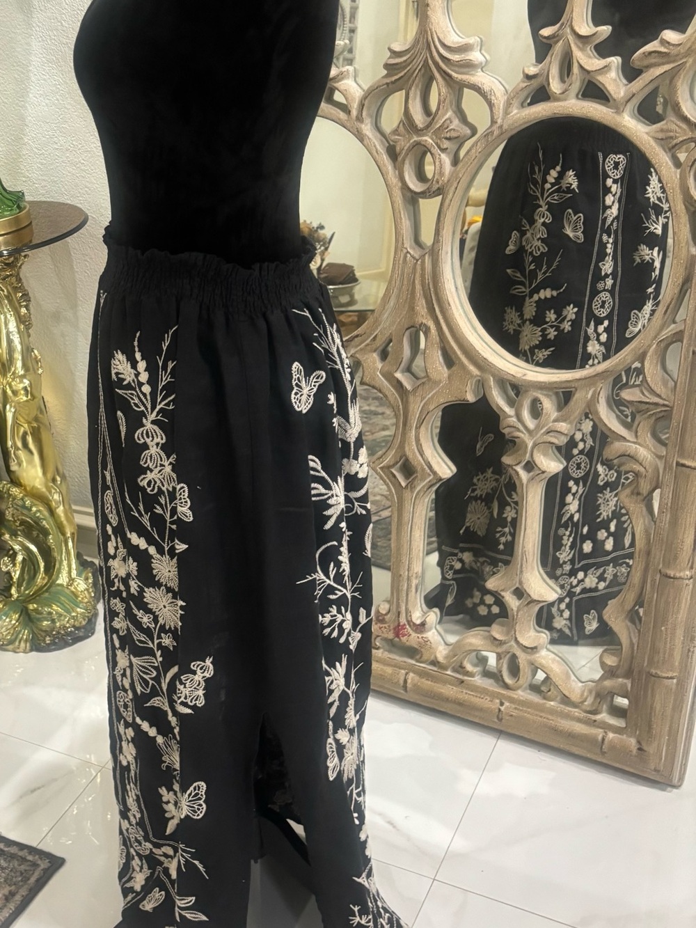 Johnny Was Black Maxi Skirt with White Floral Embroidery
